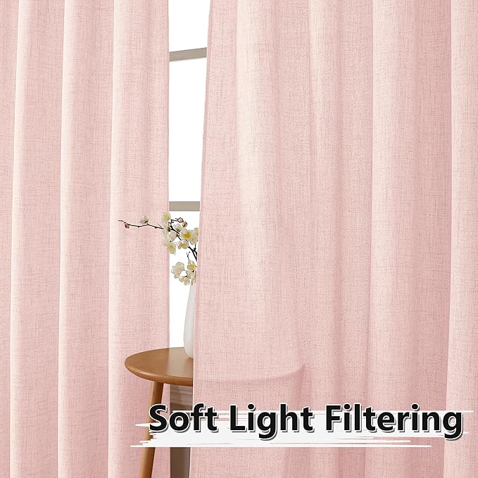 Tollpiz Short Linen Tier Curtains Rod Pocket Semi Sheer Half Kitchen Curtain Burlap Light Filtering Thick Linen Drapes for Bathroom, 30 x 24 inches Long, Pink, Set of 2 Panels