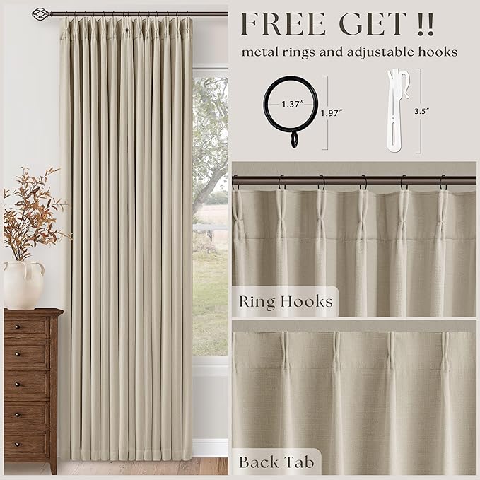 108 Inch Pinch Pleat Blackout Curtains 108 Inches Long for Bedroom Neutral Farmhouse 100% Black Out Room Darkening Burlap Thick Linen Double Layer Pleated Curtain 2 Panels Set Oatmeal Beige Sand