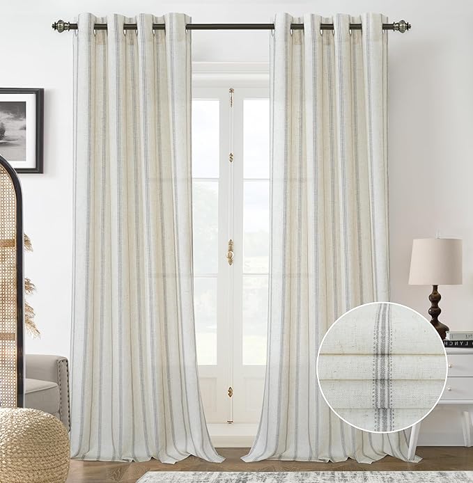 DriftAway Farmhouse Vertical Striped Linen Blend Textured Light Filtering Semi Sheer Curtains for Living Room Bedroom 102 Inches Long Drapes 2 Panels