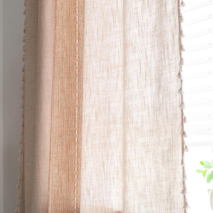 Sutuo Home Boho Curtains 63 inch for Nursery Room, Semi Blackout Linen Farmhouse Classic Shabby Chic Tassels Window Treatment Bohemian Embroidery Drape, Rod Pocket 1 Panel 52" W x 63" L, Coffee Linen