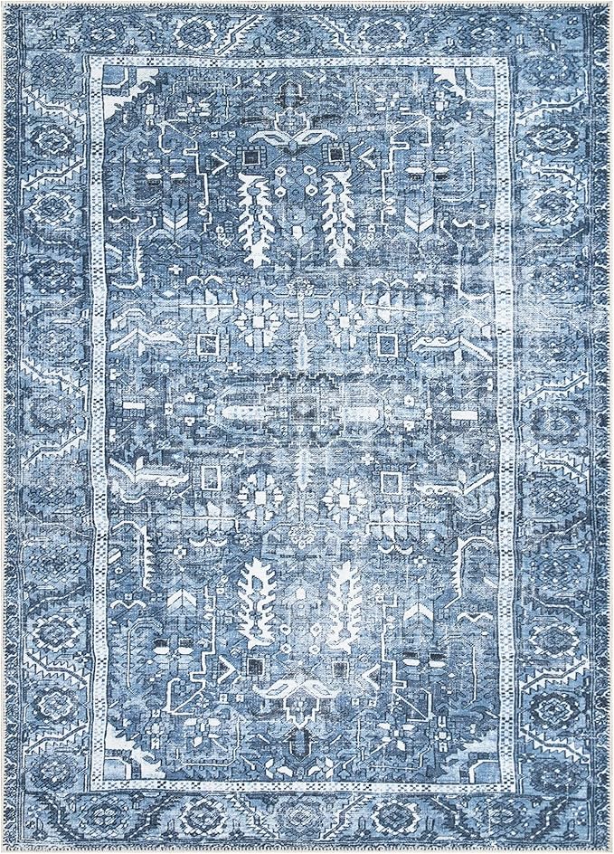 Bloom Rugs Washable Non-Slip 8' x 10' Rug - Blue Traditional Area Rug for Living Room, Bedroom, Dining Room, and Kitchen - Exact Size: 8' x 10'