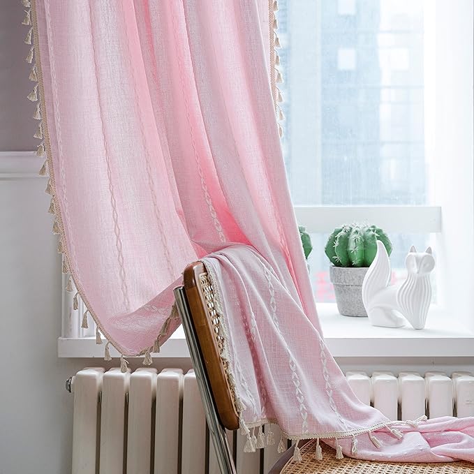 Sutuo Home Boho Curtains for Bedroom 96 Inches Long, Light Filtering Farmhouse Shabby Chic Tassels Window Treatment Bohemian Embroidery Drape, Rod Pocket 1 Panel 52" W x 96" L, Pink