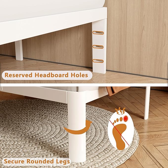 12 Inch Full Bed Frame, Platform Bed Frames with Metal Gaskets, Anti-Slip Mattress Stopper, No Box Spring Needed, Heavy Duty Steel Slat Support, Round Corner Leg, Easy Assembly, White