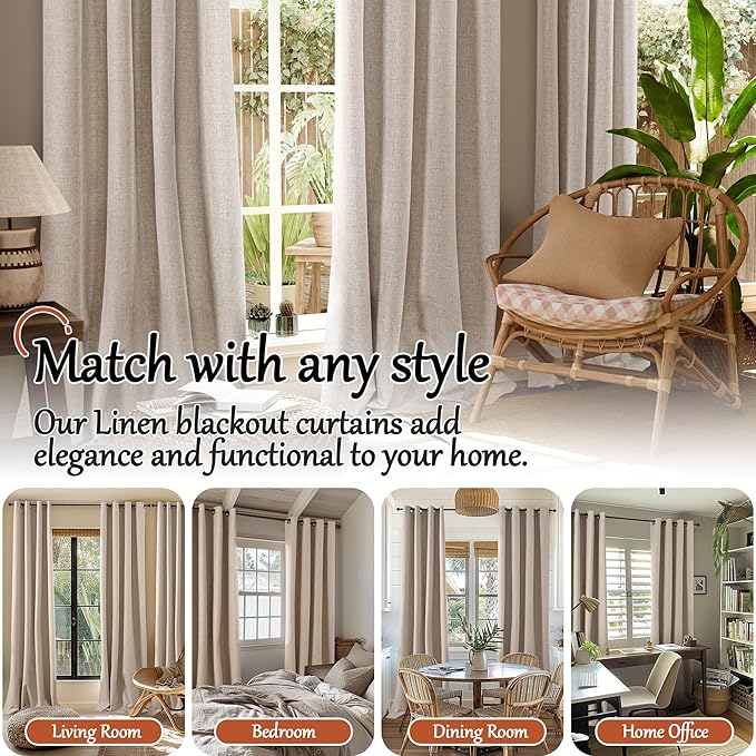 60 Inch Wide Linen Blackout Curtains for Living Room/Bedroom 84 Inch Length 2 Panels, Total Black Out Thermal Insulated Soundproof Grommet Boho Window Drapes White Liner for Modern Farmhouse, Beige