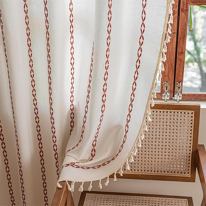 Sutuo Home Boho Curtains 72 Inch Long for Bedroom Living Room Nursery, Light Filtering Cotton Embroideried Bohemian Striped Vintage Farmhouse Privacy Decor,1 Panel W52 x L72,White and Terracotta