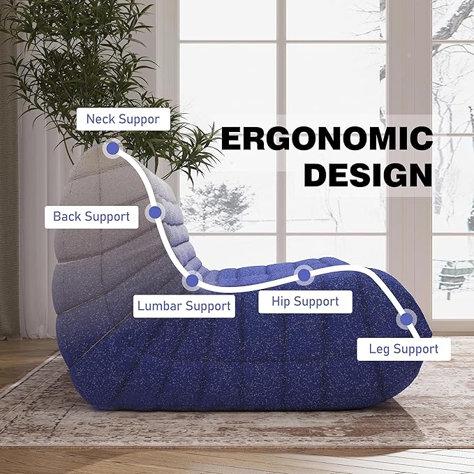 Big Bean Bag Chairs for Adults, 3 Seater Large Bean Bag Sofa, Fireside Chair Lazy Sofa Chair with High Density Comfortable Foam, Modern Bean Bag for Living Room, Bedroom, Office (Blue&White)