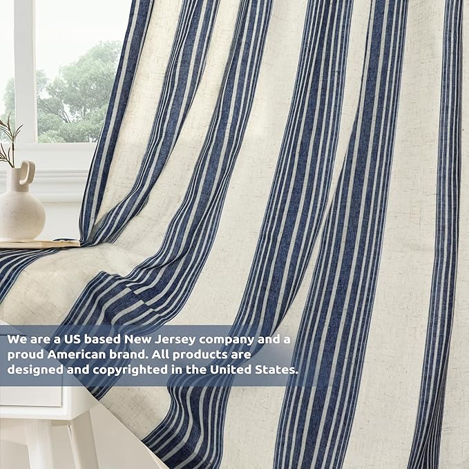 DriftAway Farmhouse Vertical Striped Linen Blend Textured Light Filtering Semi Sheer Curtains for Living Room Bedroom 72 Inches Long Drapes 2 Panels Broad Striped Linen Dark Blue