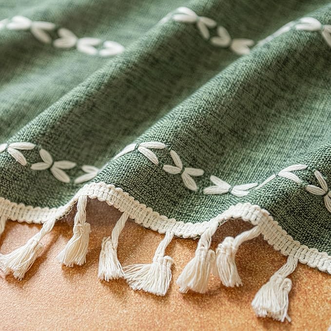 Sutuo Home Boho Linen Curtains for Living Room Laundry Room, Light-Filtering Farmhouse Tassels Privacy Window Treatment Bohemian Embroidery Long Stripes, Rod Pocket 1 Panel 52" W x 90" L, Olive Green