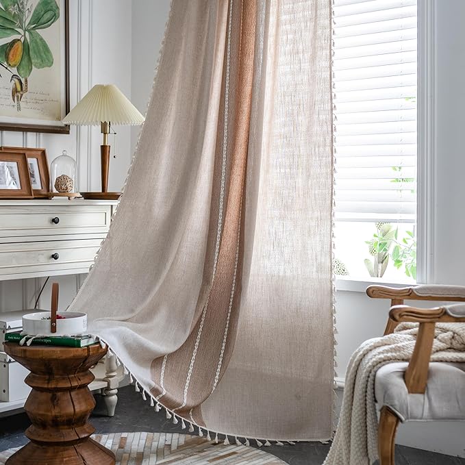 Sutuo Home Boho Curtains 63 inch for Nursery Room, Semi Blackout Linen Farmhouse Classic Shabby Chic Tassels Window Treatment Bohemian Embroidery Drape, Rod Pocket 1 Panel 52" W x 63" L, Coffee Linen