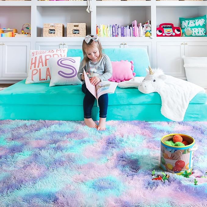 PAGISOFE Plush Rainbow Rugs for Bedroom Girls, 6x9 Soft Purple Shag Washable Area Rugs for Livingroom, Girls Room, Nursery, Classroom, Home Decor, Fluffy Fuzzy Carpet Mermaid Kawaii Pink Rugs