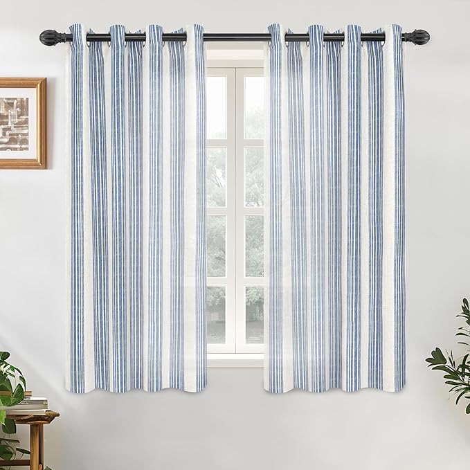 DriftAway Farmhouse Vertical Striped Linen Blend Textured Light Filtering Semi Sheer Curtains for Living Room Bedroom 54 Inches Long Drapes 2 Panels Broad Striped Jean Navy