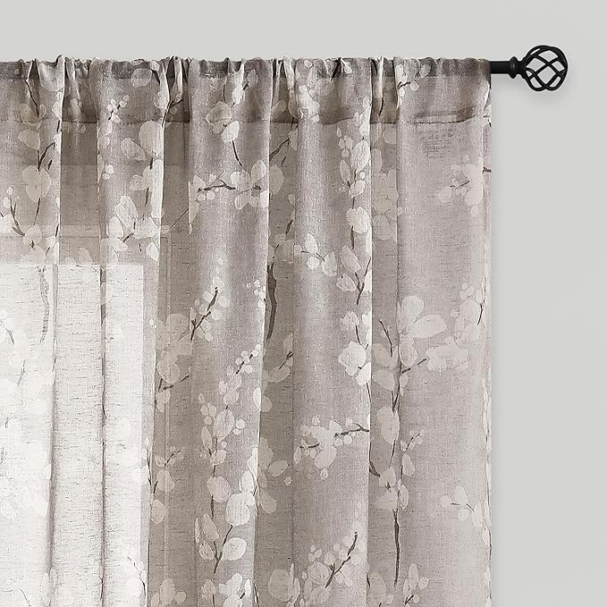 Fmfunctex Linen Sheer Curtains for Bedroom, Tan White Blossom Print Curtains 96 Inches Long for Living Room, Taupe Floral Patterned Farmhouse Curtain Light Filtering Window Drapes 2 Panels, Rod Pocket