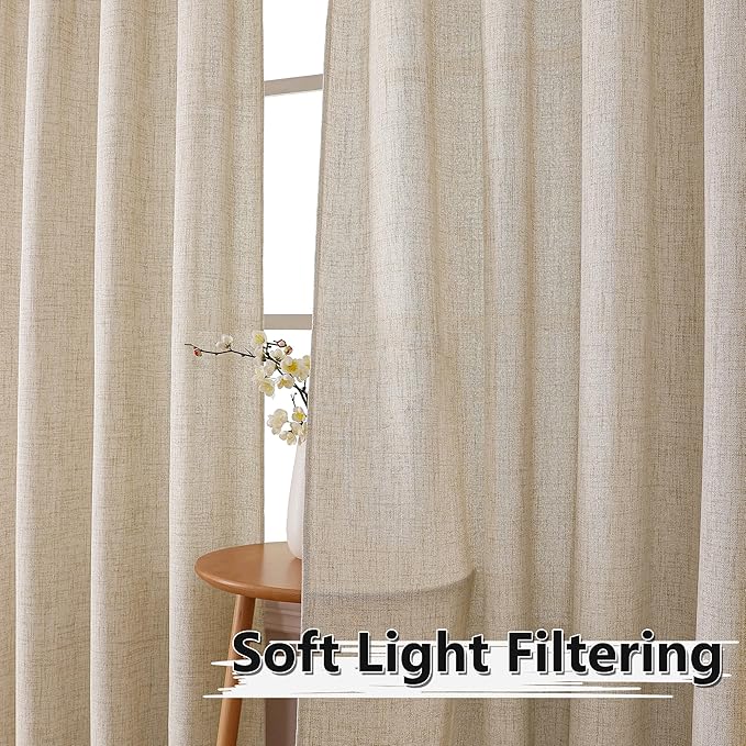 Tollpiz Linen Curtain Living Room Rod Pocket Semi Sheer Curtains Burlap Light Filtering Thick Linen Drape for Bedroom, 54 x 72 inches Long, Natural, Set of 2 Panels