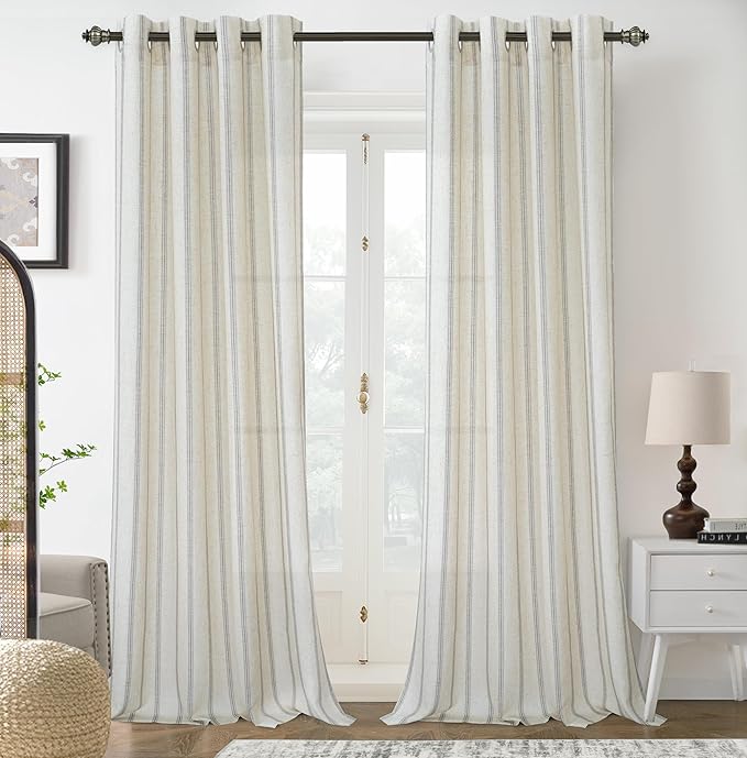 DriftAway Farmhouse Vertical Striped Linen Blend Textured Light Filtering Semi Sheer Curtains for Living Room Bedroom 96 Inches Long Drapes 2 Panels