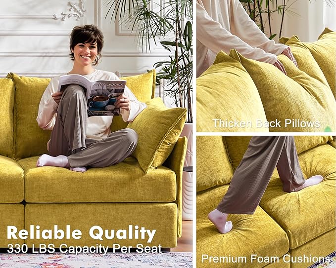 ABCASA Oversized Loveseat Sofa, Modern Modular Sectional Couch Yellow Fluffy Chenille Mid Century 2-Seat 24.5" Deep Seat for Apartment, Living Room, Bedroom