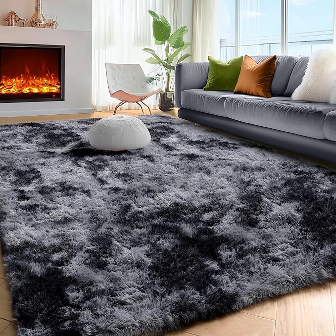 PAGISOFE Abstract Shaggy Area Rug 4' x 6' Plush Furry Rugs for Living Room, Tie-Dyed Dark Grey Soft Fluffy Rugs for Bedroom Grils Boys, Fuzzy Rug for Nursery, Dorm. Shag Carpet for Kids Room Decor