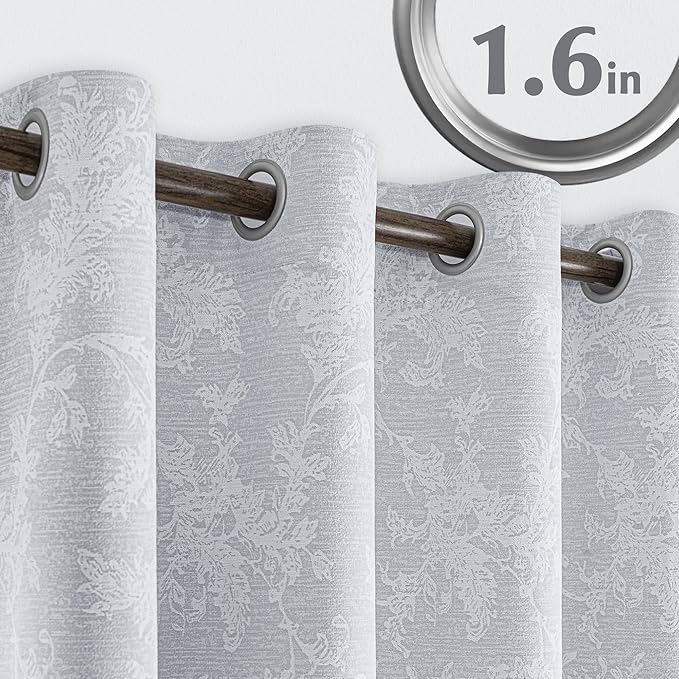 FMFUNCTEX Grey Floral Jacquard Blackout Curtains 63 Inch Length for Bedroom, Scroll Flower Chenille Farmhouse Curtains for Living Room Darkening Thermal Insulated Grommet Window Drapes 2 Panels