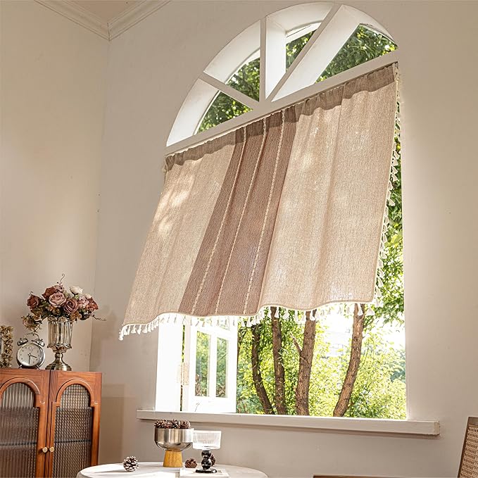 Sutuo Home Boho Curtains Valance 18 inch for Cafe Kitchen Doorway Closet, Short Sheer Farmhouse Chic Tassels Window Treatment Bohemian Embroidery Drape, Rod Pocket 1 Panel 52" W x 18" L, Coffee Linen