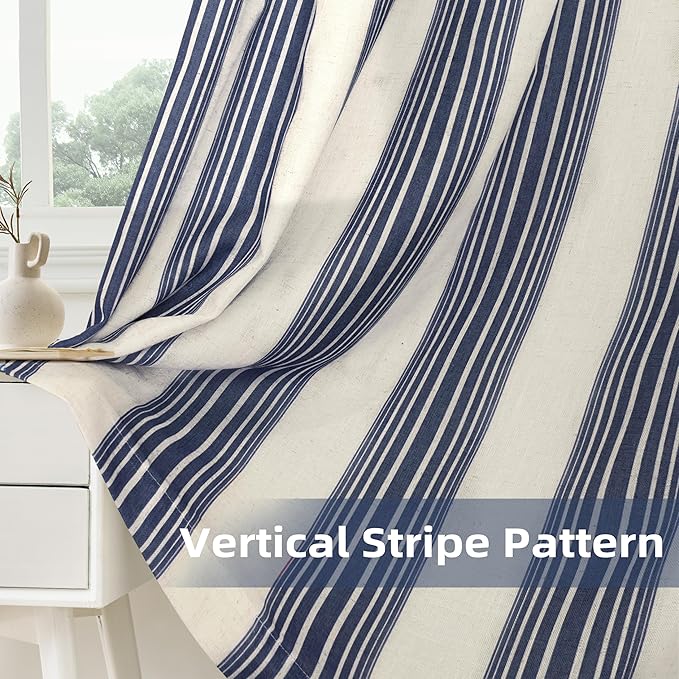 DriftAway Farmhouse Vertical Striped Linen Blend Textured Light Filtering Semi Sheer Curtains for Living Room Bedroom 54 Inches Long Drapes 2 Panels Broad Striped Dark Navy