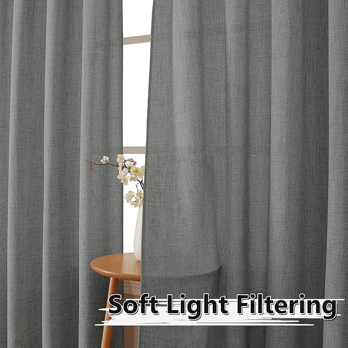 Tollpiz Short Linen Curtains Living Room Rod Pocket Semi Sheer Curtain Burlap Light Filtering Thick Linen Drapes for Bedroom, 54 x 54 inches Long, Dark Grey, Set of 2 Panels