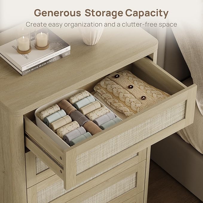 SICOTAS Tall Dresser for Bedroom - Rattan 5 Drawer Dressers Chest of Drawers with Push-to-Open Design, Boho Extra Deep Clothes Dresser with Large Storage for Closet, Living Room, Sand Oak