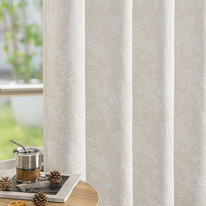 FMFUNCTEX Beige Floral Jacquard Blackout Curtains 90 Inches Long for Bedroom, Scroll Flower Chenille Farmhouse Curtains for Living Room Darkening Thermal Insulated Grommet Window Drapes 2 Panels