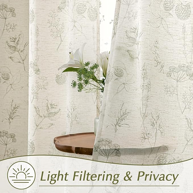 FMFUNCTEX Linen Curtains Floral Patterned Curtain for Bedroom Living Room, Sage Green Curtains 63 Inch Length Farmhouse, Light Filtering Beige Window Curtain Grommet Top 2 Panels Set