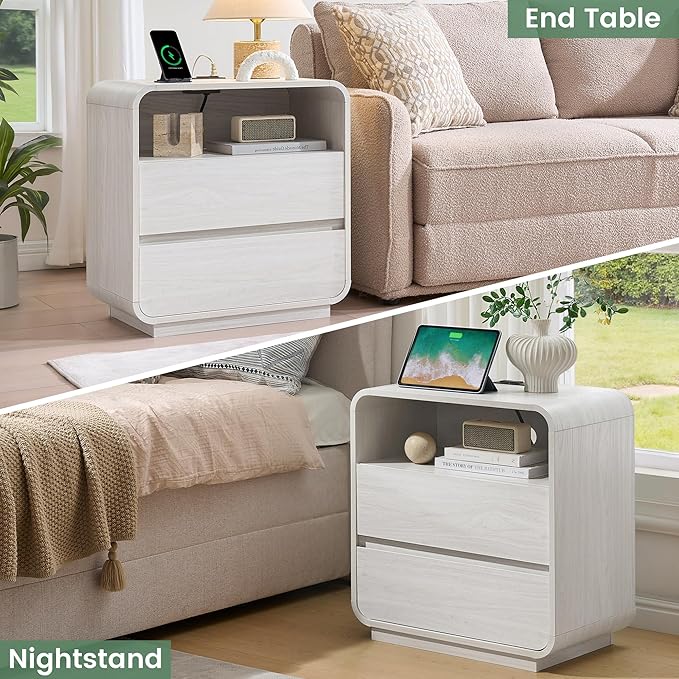 White Nightstand Set of 2 with Charging Station, 23.2" Wide Wood Bedside Table, Modern Night Stand with 2 Storage Drawers, Curved Profile, Handleless End Table for Bedroom Office Dorm