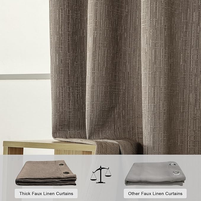 Jacquard Linen Curtains 84 inch Length 2 Panels Thick Faux Linen Blended Window Drapes Burlap Textured Curtains with Grommet for Living Room Bedroom Farmhouse (52x84 Dark Coffee) Natural