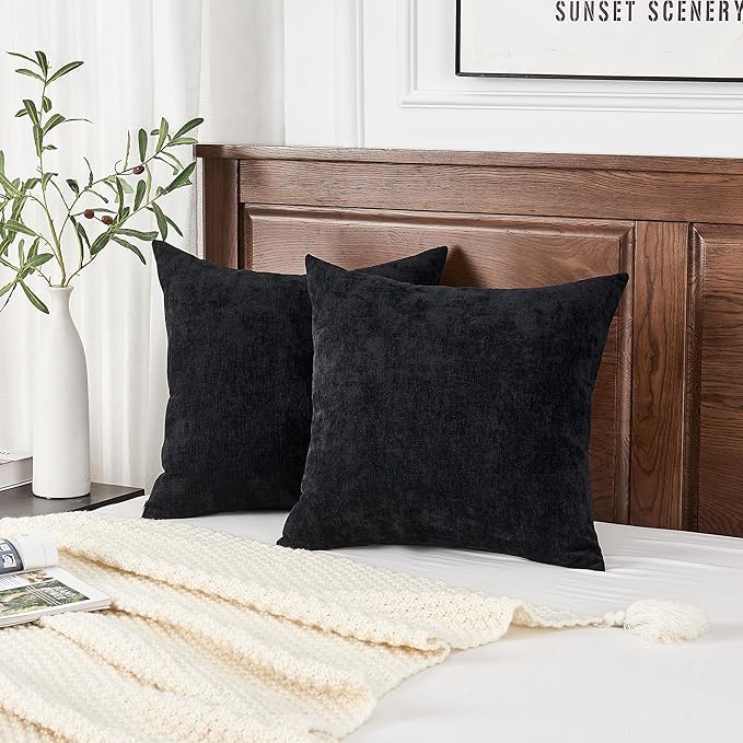 GAWAMAY Decorative Chenille Throw Pillow Covers 24x24 Inch Pack of 2, Soft Square Couch Pillow Cover for Sofa Cushion Living Room Bedroom Solid Dyed Pillowcases Black 60x60cm (ONLY Covers)