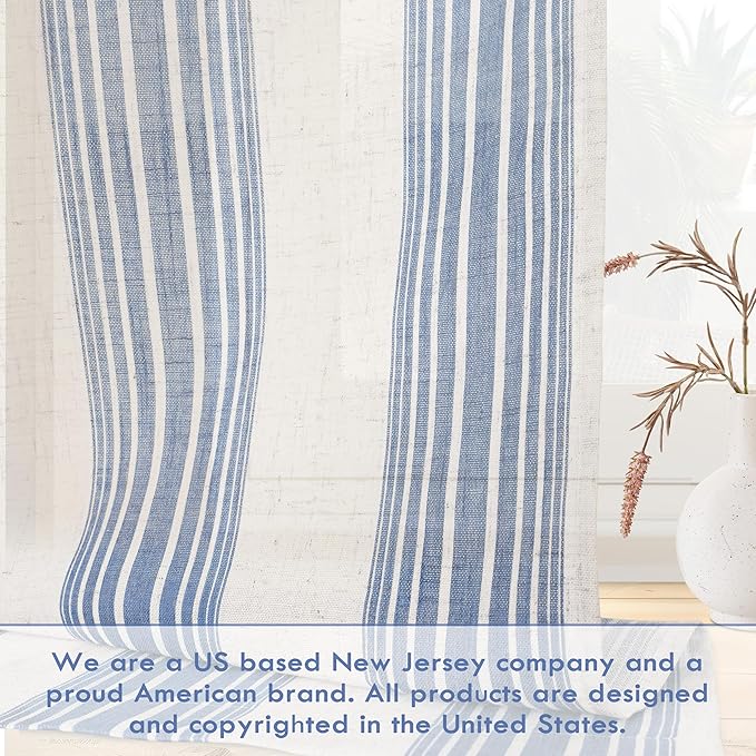DriftAway Farmhouse Vertical Striped Linen Blend Textured Light Filtering Semi Sheer Curtains for Living Room Bedroom 54 Inches Long Drapes 2 Panels Broad Striped Jean Navy