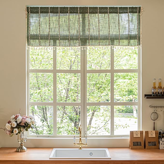 Sutuo Home Boho Valance Short Curtains Tier for Windows Cafe Closet, Bohemian Linen Farmhouse Tassels Light Filtering Window Treatment Embroidery Drape Rod Pocket 1 Panel 52" W x 36" L Olive Green