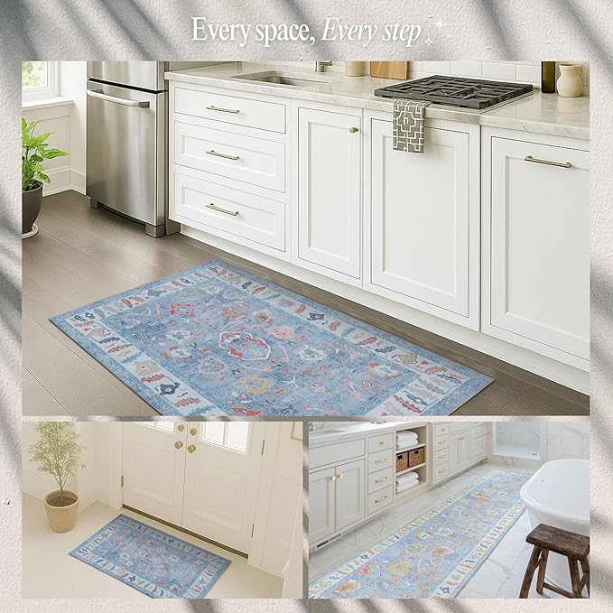 Fame Rugs Blue Modern Oushak Rug 3x5, Washable Vintage Turkish Colorful Oriental Antique Inspired Foldable Small Area Rugs, Luxury Living Room Bedroom (381LB, 2'6" x 5')