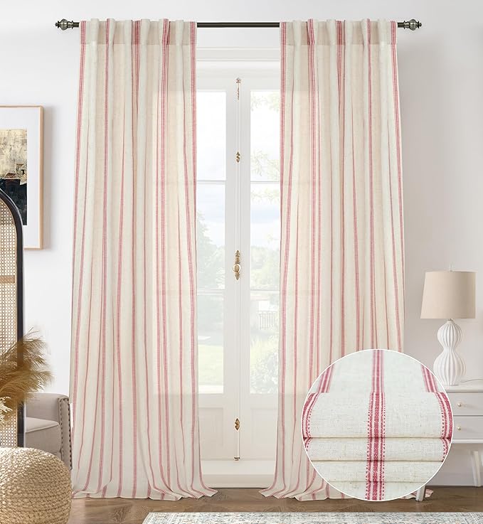 DriftAway Farmhouse Vertical Striped Linen Blend Textured Light Filtering Semi Sheer Curtains for Living Room Bedroom 108 Inches Long Drapes 2 Panels Linen Red