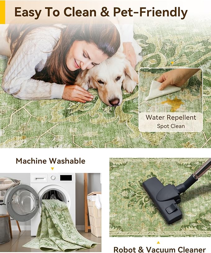 Area Rugs 3'x10' Washable Non-Slip, Floral Vintage Distress Print Pattern Medallion Carpet for Living Room Bedroom Dining Room, Sage Green Yellow