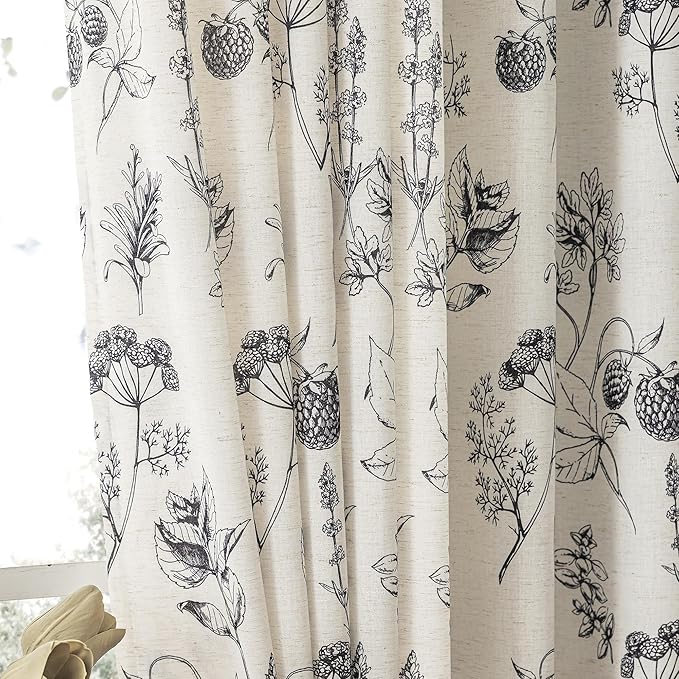 FMFUNCTEX Linen Curtains Floral Patterned Curtain for Bedroom Living Room, Black Curtains 63 Inch Length Farmhouse, Light Filtering Beige Window Curtain Grommet Top 2 Panels Set