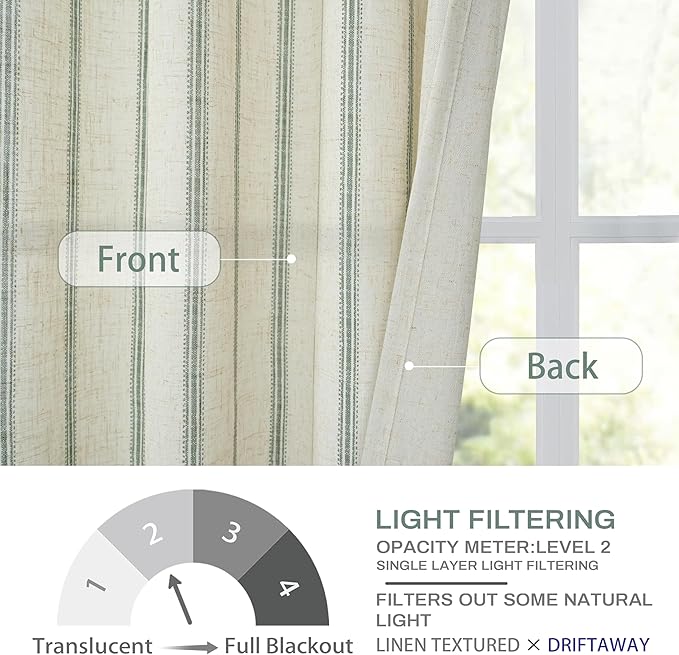 DriftAway Farmhouse Vertical Striped Linen Blend Textured Light Filtering Semi Sheer Curtains for Living Room Bedroom 63 Inches Long Drapes 2 Panels