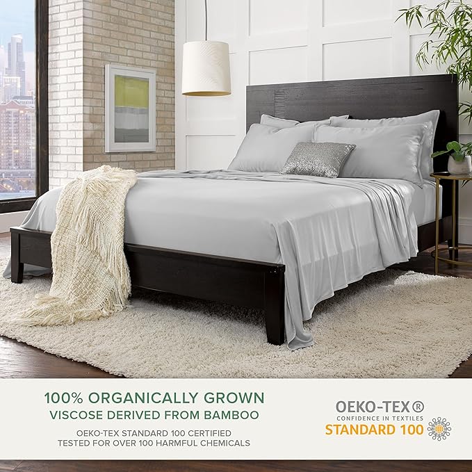 Pure Bamboo Twin XL Sheets, Genuine 100% Organic Viscose Derived from Bamboo Bed Sheet Set, Luxuriously Soft & Cooling, Double Stitching, 2 Year Quality Promise (Twin XL, Silver Pearl)