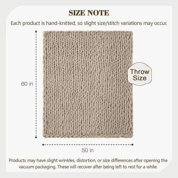 Carriediosa Chunky Knit Throw Blanket 50" X 60", 100% Hand Made Large Chenille Loop Yarn Soft Fluffy Throws for Couch Sofa Bed, Big Crochet Cozy Heavy Thick Cable Woven Blankets, Taupe