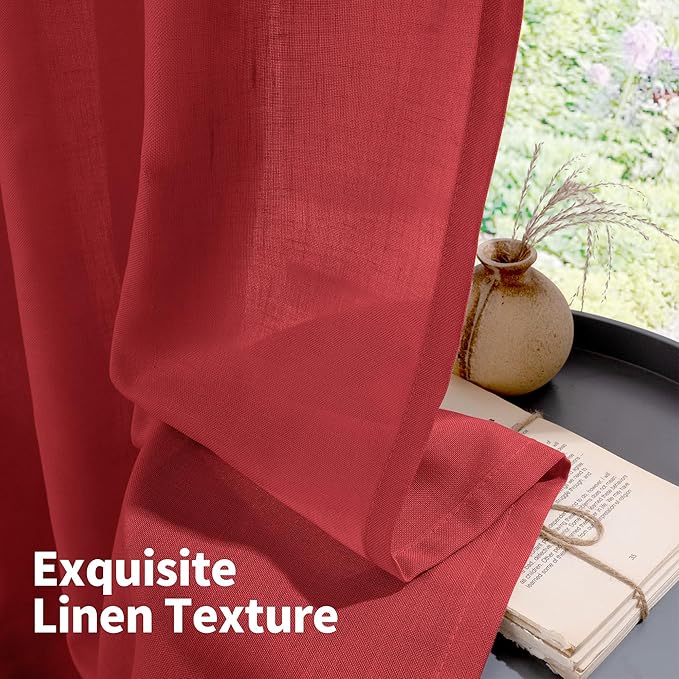 YoungsTex Red Linen Curtains 80 Inches Long for Living Room, Light Filtering Drapes with Grommet Semi Sheer Privacy for Christmas Bedroom Dining Room, 2 Panels, 52 X 80 Inch