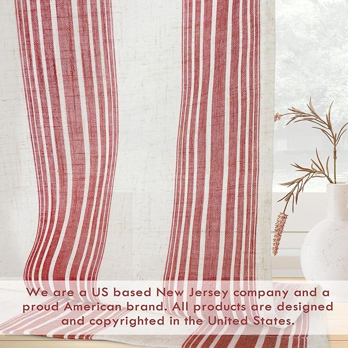 DriftAway Farmhouse Vertical Striped Linen Blend Textured Light Filtering Semi Sheer Curtains for Living Room Bedroom 84 Inches Long Drapes 2 Panels Broad Striped Linen Red