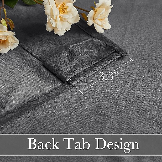 RYB Home Back Tabs Velvet Curtains for Living Room 108 inches - Classic Grey Window Drapes Room Darkening Thermal Insulated Panels for Bedroom Home Office, W52 x L108 inches, 2 Pieces