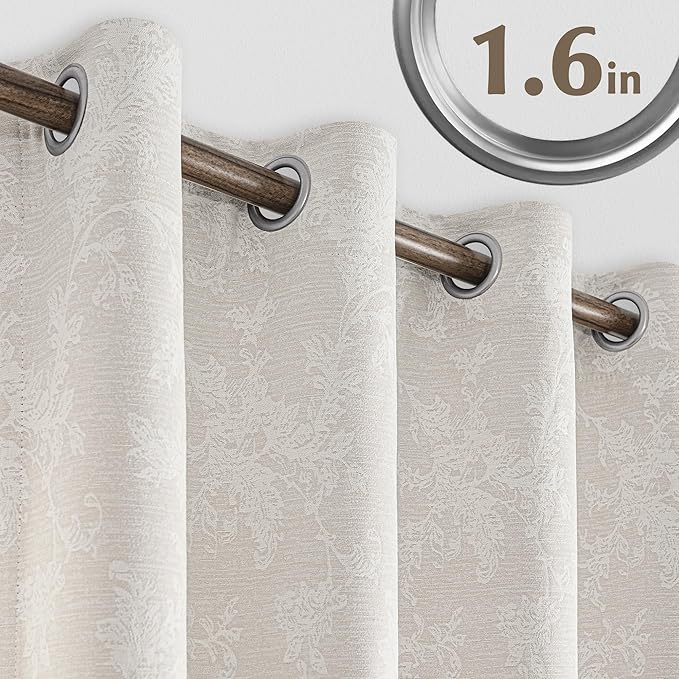FMFUNCTEX Beige Floral Jacquard Blackout Curtains 108 Inches Long for Bedroom, Scroll Flower Chenille Farmhouse Curtains for Living Room Darkening Thermal Insulated Grommet Window Drapes 2 Panels
