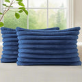 decorUhome Faux Fur Spring Throw Pillow Covers 12x20 Set of 2, Decorative Soft Plush Striped Lumbar Neutral Couch Pillow Covers with Velvet Back for Sofa, Bed, Living Room Home, Blue