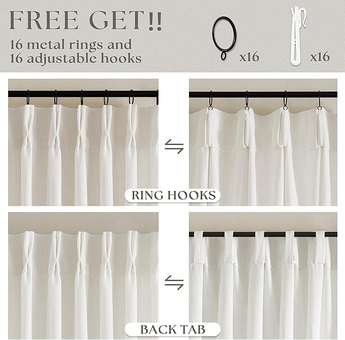 102 Inch Long Curtains Pinch Pleat Linen Curtains for Living Room Bedroom 2 Panels Natural Cream Light Filtering Privacy Neutral 102 Inch Pleated Drapes Hooks Rings Back Tab for Window Sliding Door