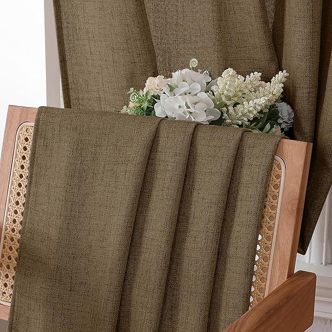 Tollpiz Linen Curtain Living Room Rod Pocket Semi Sheer Curtains Burlap Light Filtering Thick Linen Drape for Bedroom, 54 x 72 inches Long, Brown, Set of 2 Panels