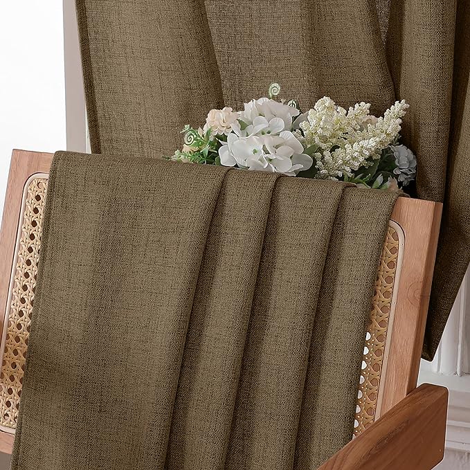 Tollpiz Short Linen Curtains Living Room Rod Pocket Semi Sheer Curtain Burlap Light Filtering Thick Linen Drapes for Bedroom, 54 x 54 inches Long, Brown, Set of 2 Panels