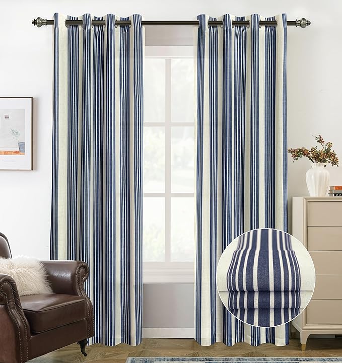 DriftAway Farmhouse Vertical Striped Linen Blend Textured Light Filtering Semi Sheer Curtains for Living Room Bedroom 96 Inches Long Drapes 2 Panels Broad Striped Dark Navy