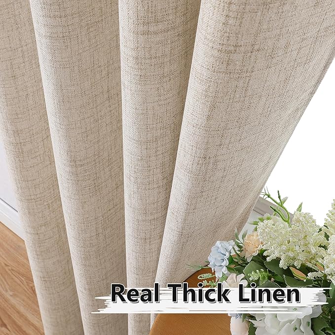 Tollpiz Short Linen Curtain Bedroom Rod Pocket Semi Sheer Curtains Burlap Light Filtering Thick Linen Drape for Living Room, 38 x 54 inches Long, Natural, Set of 2 Panels