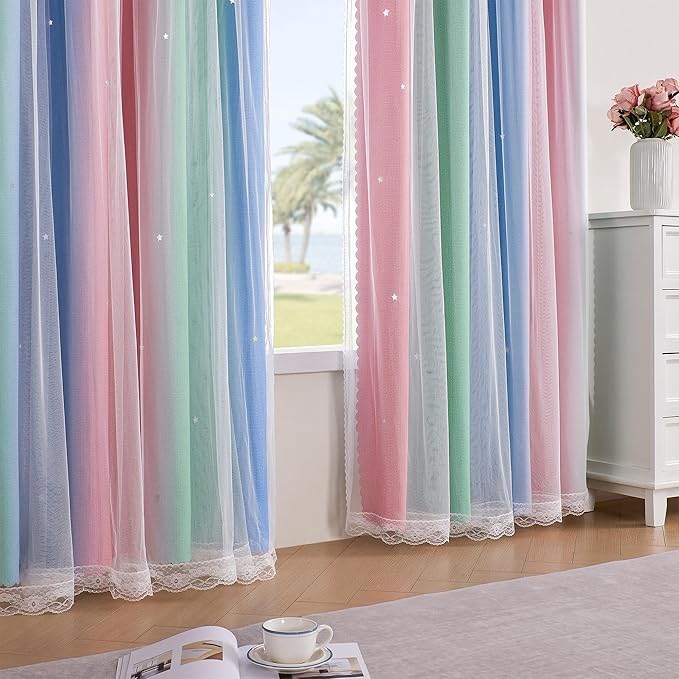 XiDi Curtains for Bedroom Decor, Rainbow Pink GreenBlue34/45/1